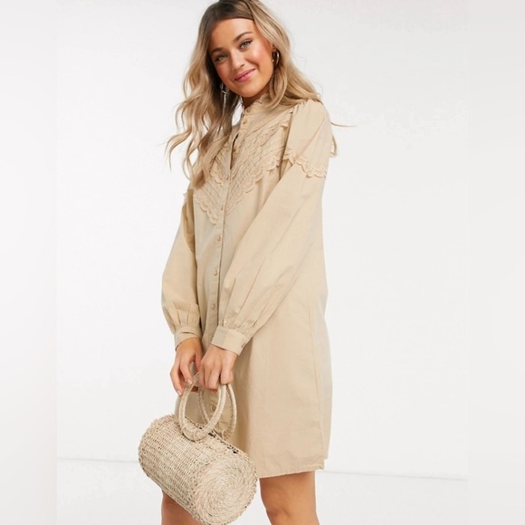 Pieces Poplin Shirt Dress With Lace Detail in Beige Size L - Picture 1 of 1